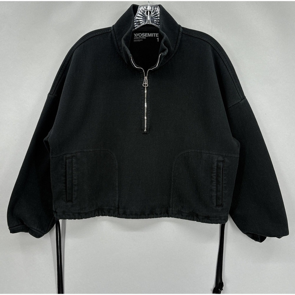 James Perse Jacket Womens 1 Black Yosemite Half Zip Cropped Drawstring Pullover